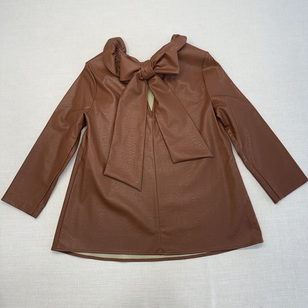 Tuckernuck Brown Coated Polyester Ruffle Neck Bow Back Blouse 3/4 Sleeve S - Picture 3 of 11